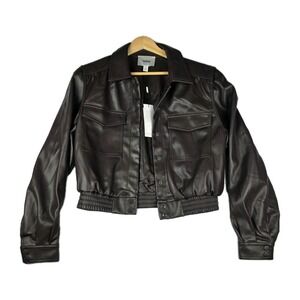 Jason Wu Jacket Womens Size Medium Espresso Faux Leather Collared Crop New